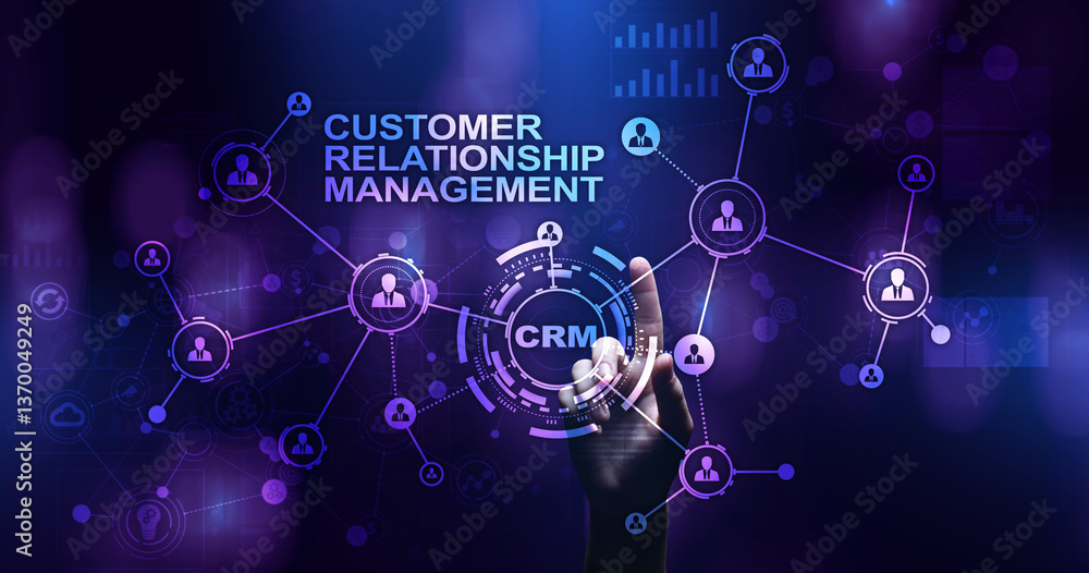 Poster crm - customer relationship management automation system software. business and technology concept.