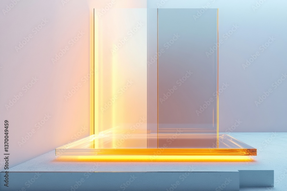 Poster Floating glass panels with soft orange light casting a futuristic glow in a minimalist geometric composition