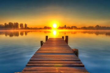 Fototapeta premium Wooden dock extending into calm lake reflecting sunrise with trees in the background at dawn light transparent background