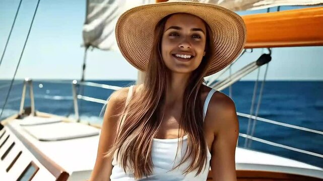 Young Woman Relaxing on Sailboat with Ocean View