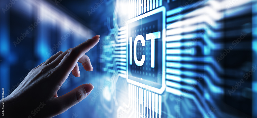 Poster ict - information and communication technology concept on virtual screen.