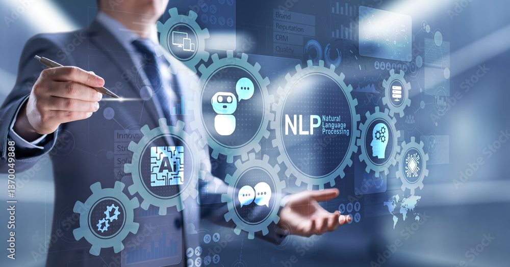 Poster nlp natural language processing cognitive computing technology concept on virtual screen.