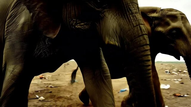 Elephants Walking on a Polluted Trash Beach