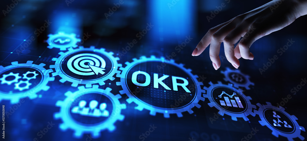 Poster objective key results business technology process improvement concept on virtual screen.