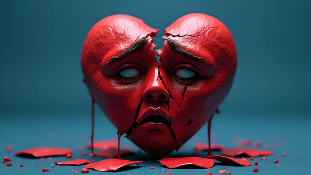 Broken Heart on Blue Background - Lost Love and Sadness
