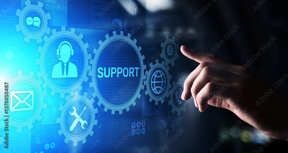 Poster Support button on virtual screen. Customer service and communication concept.