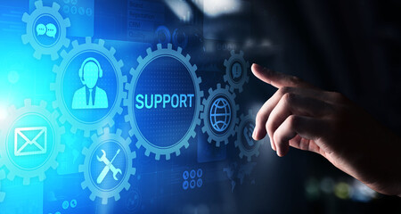 Support button on virtual screen. Customer service and communication concept.
