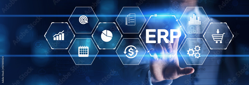 Aufkleber erp enterprise resources planning sap business process automation internet technology concept.