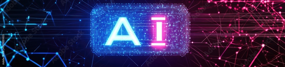 Poster artificial intelligence concept art with glowing letters and data network