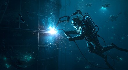 Underwater Welder Working on Structure with Robots and Marine Life