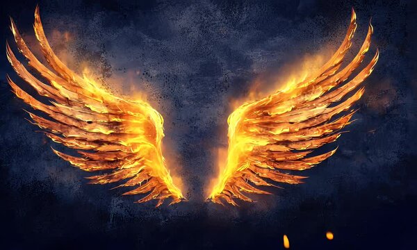 Fiery wings on a dark backdrop create an ominous and powerful atmosphere with striking contrast and visual intensity