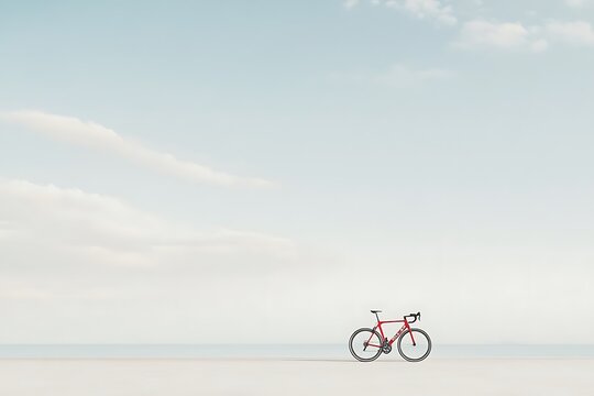 Red road bicycle parked on a flat surface under a clear sky for recreation and sports