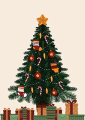 Elegant Christmas Greeting Card with Festive Tree and Gift Boxes