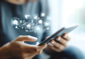 Woman using a smartphone app to control her smart home devices.