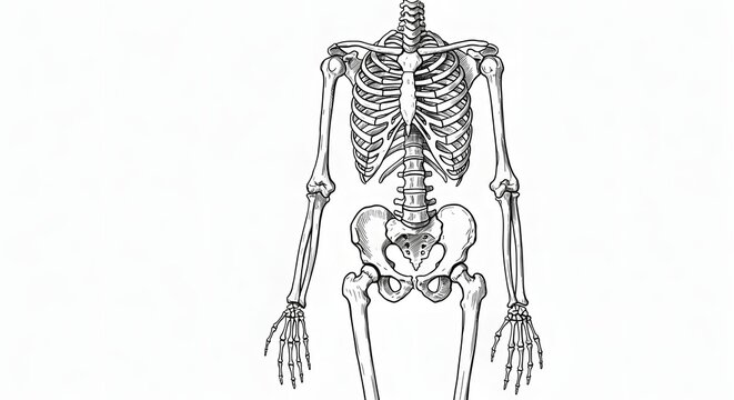 Anatomical Human Skeleton Torso Sketch Illustration in Black and White