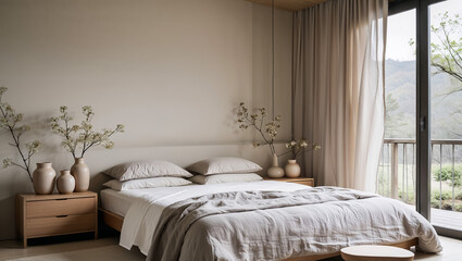 Serene bedroom sanctuary bathed in soft natural light, featuring a minimalist bed dressed in calming linen and delicate floral arrangements in earthy tones.