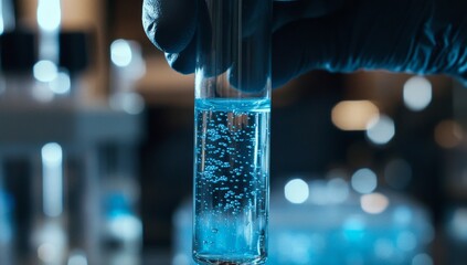A close-up of an open test tube filled with clear blue liquid, held by the gloved hand of a scientist wearing black gloves, against a blurred background of laboratory equipment and floating molecules
