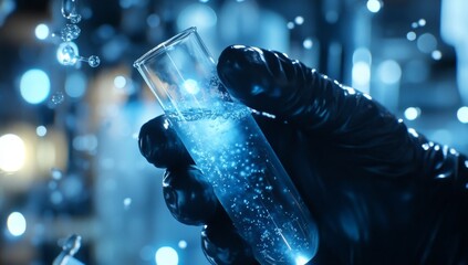 A close-up of an open test tube filled with clear blue liquid, held by the gloved hand of a scientist wearing black gloves, against a blurred background of laboratory equipment and floating molecules