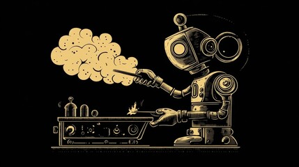 Fototapeta premium Gold Steampunk Robot Operating Device with Yellow Smoke
