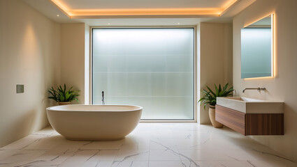 A serene spa-like bathroom bathed in soft light, featuring a freestanding tub and sleek modern vanity, creating a tranquil oasis of calm.