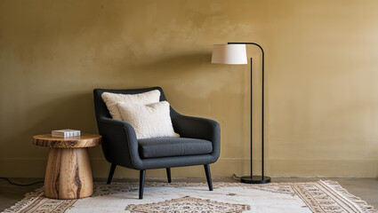A tranquil haven of rest, a plush armchair inviting quiet contemplation in a softly lit room, accented by warm earthy tones and a minimalist floor lamp.