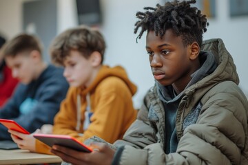 European and African American boys using tablet device in classroom, playing games during break. Technologies and education concept