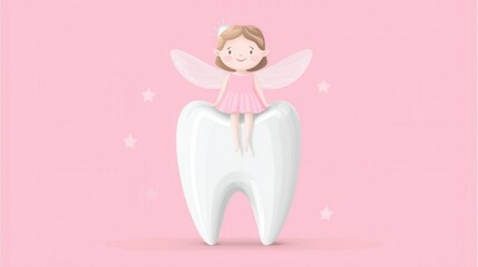Obraz premium Cute Fairy Sitting on a Large Tooth with Pink Background