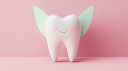 Cute cartoon tooth character with wings on pink background