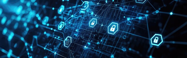 Digital security network with glowing padlock icons on futuristic data grid