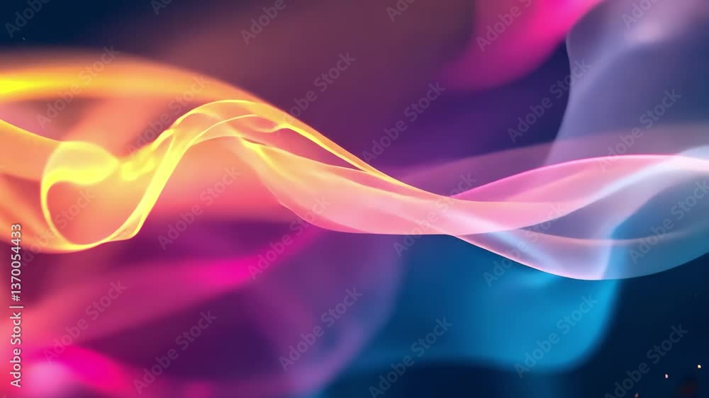 Poster swirling waves of color intertwine, illuminated by glowing particles that create a mesmerizing, vibr