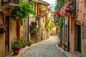 Fototapeta premium Quaint village street with vibrant flowers and rustic charm