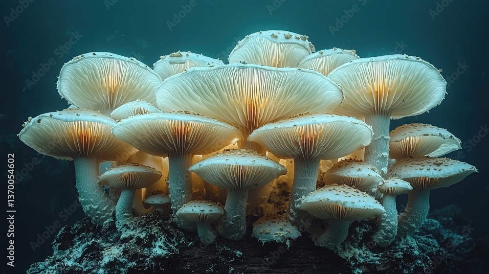Poster enchanting cluster of luminous mushrooms thriving in a dark, damp forest setting. their delicate cap