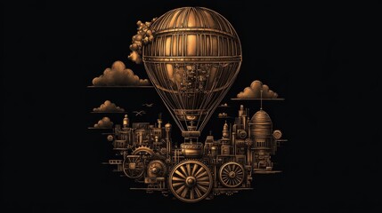Intricate Bronze Steampunk Hot Air Balloon Illustration