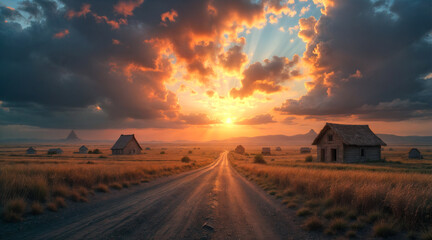  Dramatic Sunset Over Rural Dirt Road with Wooden Cabins and Distant Mountains, Scenic Countryside Landscape.