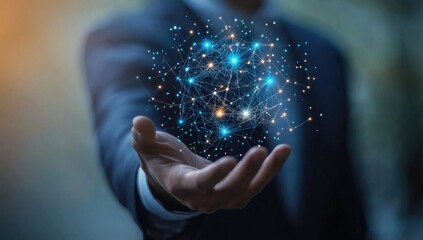 A hand holding a digital network sphere