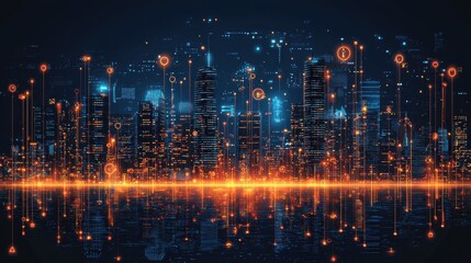 A futuristic city skyline illuminated by vibrant, glowing lines and digital elements, reflecting a high-tech urban environment.