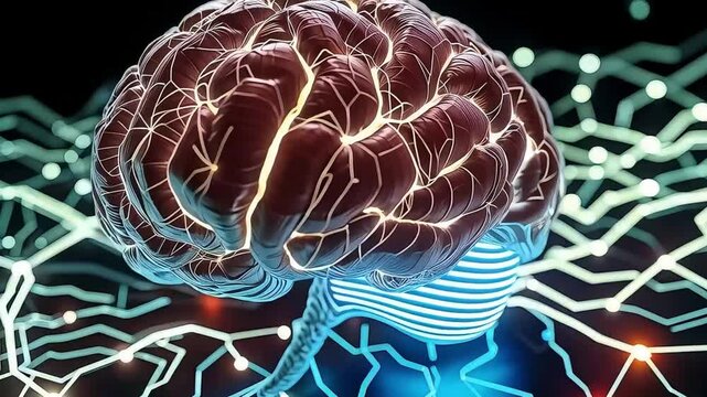 Glowing Holographic Brain Interface with Neural Connections &ndash; Digital AI Concept