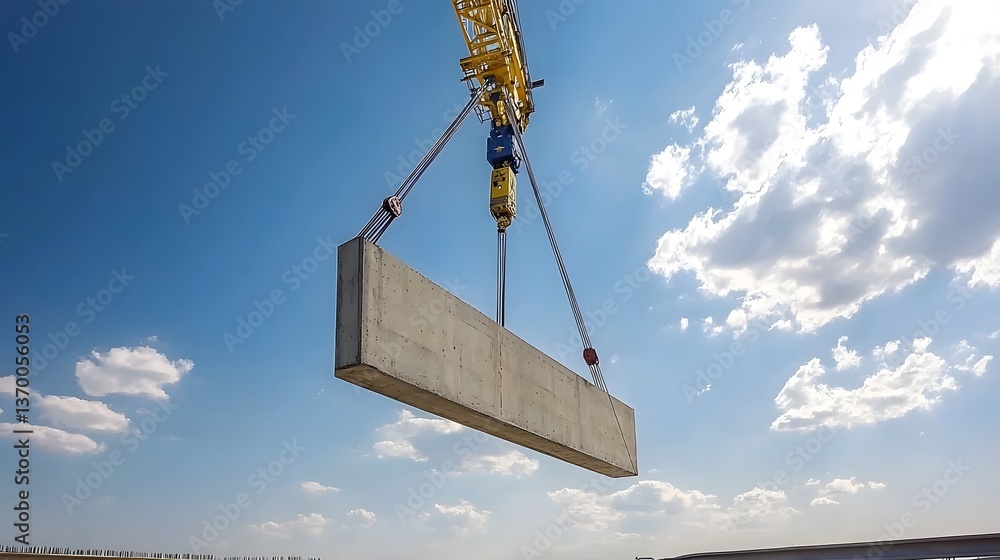 Poster A towering crane hoisting a large concrete beam into place on a highway overpass project against a backdrop of a blue sky with scattered clouds