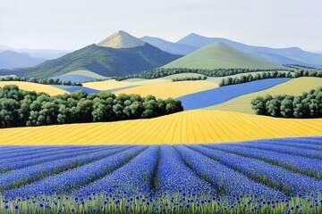 Naklejka premium Stunning field of blue flowers stretching across the landscape under a clear and sunny sky