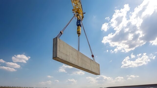 A towering crane hoisting a large concrete beam into place on a highway overpass project against a backdrop of a blue sky with scattered clouds