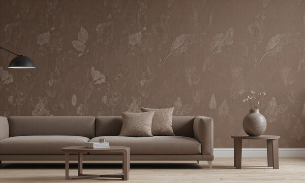 Mocha Musse eco-friendly wallpapers featuring patterns inspired by nature, such as abstract leaf motifs or textured organic elements. The wallpaper's
