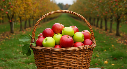Wicker Basket Filled with Freshly Picked Apples in Orchard Setting
