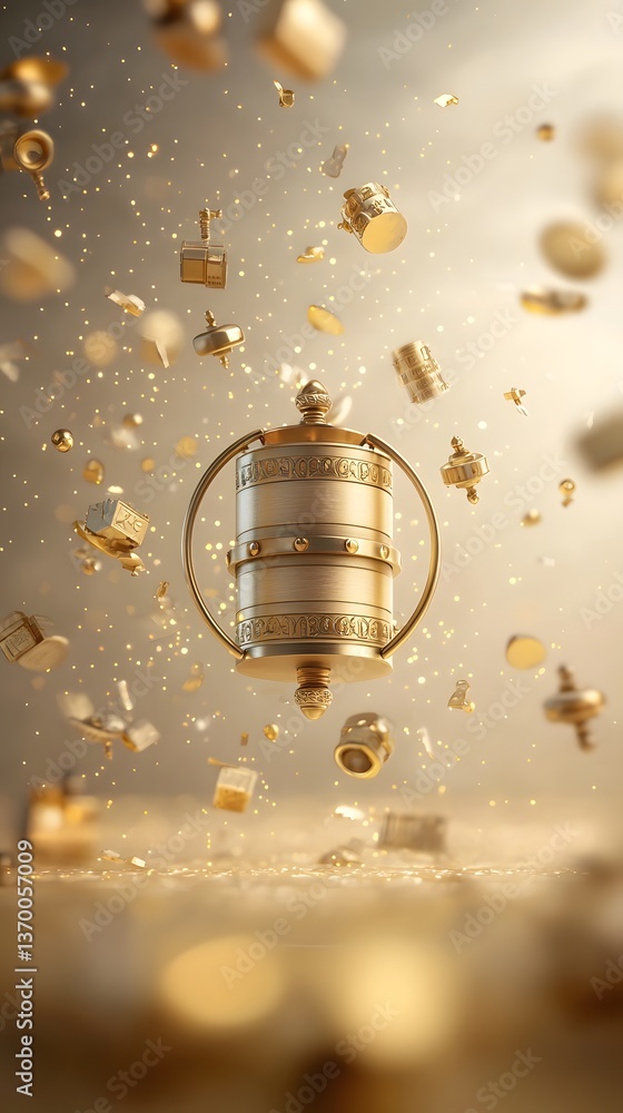 Poster a tranquil 3d render of a buddhist prayer wheel levitating in midair surrounded by a warm golden glo