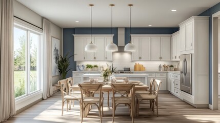 Fototapeta premium Modern Farmhouse Kitchen Dining Area, Interior Design, Sunlight, Home Interior, for Design Inspiration