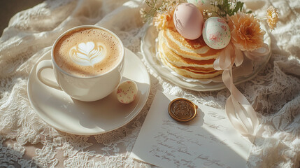 A soft and dreamy Easter flatlay set on a vintage dishes. Morning latte, pancakes and eggs