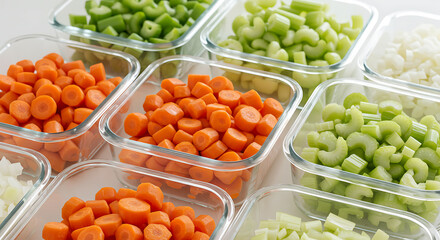 Assortment of Pre-Chopped Vegetables Stored in Glass Containers