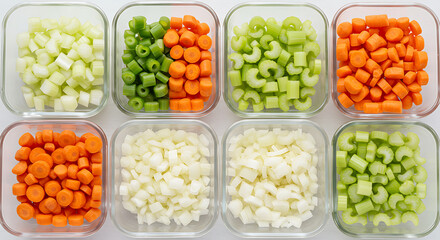 Assortment of Pre-Chopped Vegetables Stored in Glass Containers