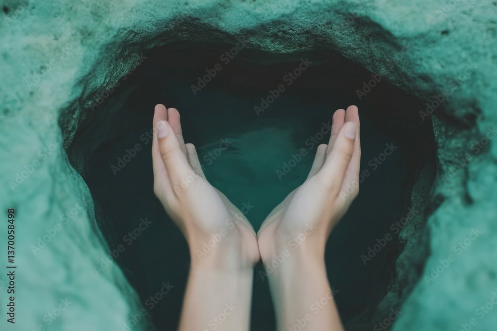 Poster hands creating a heart-shaped pool of water in a serene natural setting
