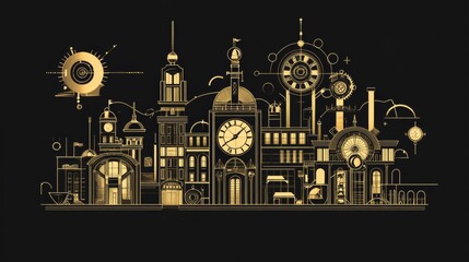 Fototapeta premium Gold City Skyline Illustration with Clocks and Buildings