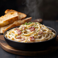 Fototapeta premium Creamy pasta with bacon, served hot
